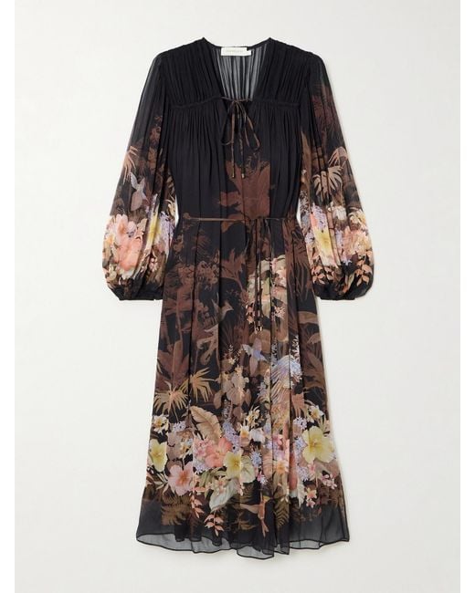 Zimmermann Black Illuminate Drawn Belted Gathered Printed Crepon Midi Dress