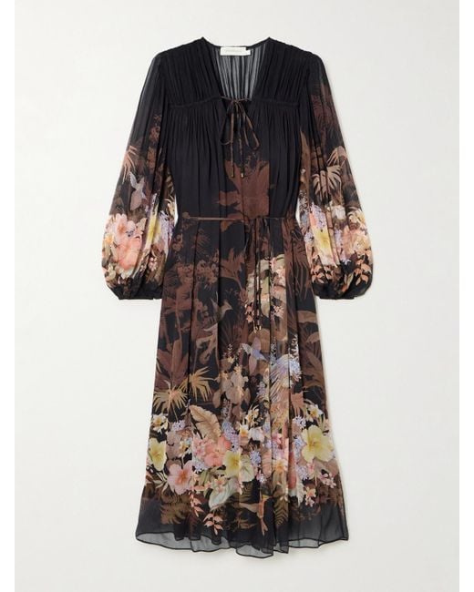 Zimmermann Black Illuminate Drawn Belted Gathered Printed Crepon Midi Dress