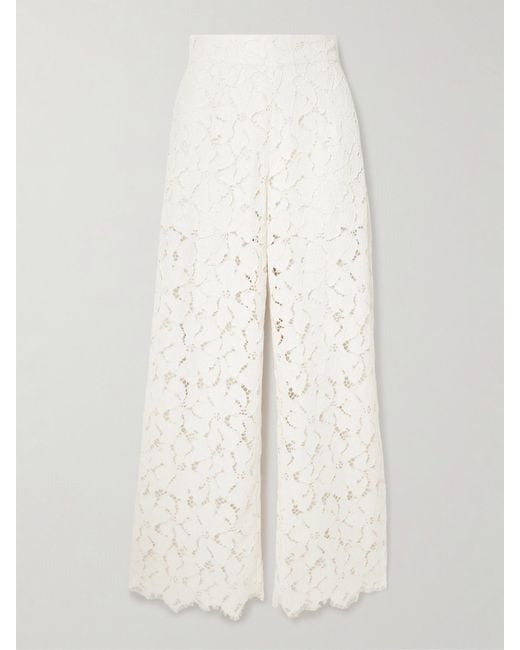 Loretta Caponi White Cipro Scalloped Corded Lace Straight-Leg Pants