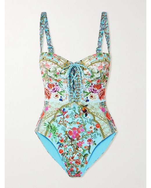 Camilla Blue Lace-Up Crystal-Embellished Printed Recycled Swimsuit