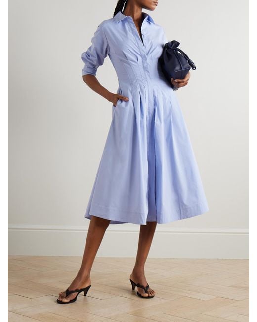 Jonathan Simkhai Blue Jazz Pleated Cotton-Blend Poplin Midi Shirt Dress