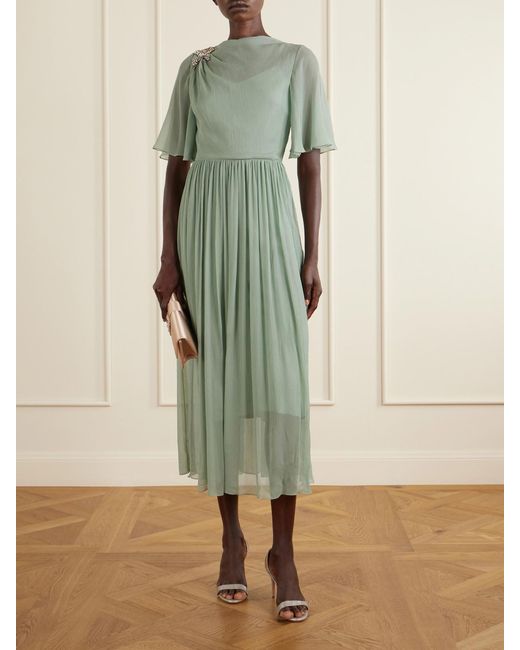 Erdem Green Crystal-Embellished Silk Midi Dress