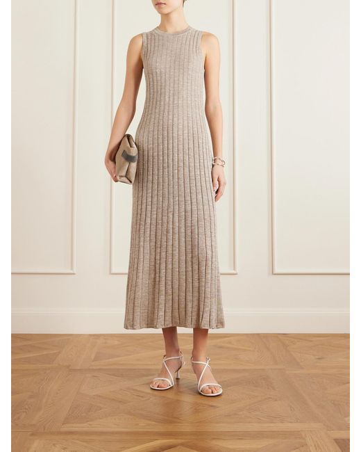 Brunello Cucinelli Natural Metallic Ribbed-Knit Midi Dress