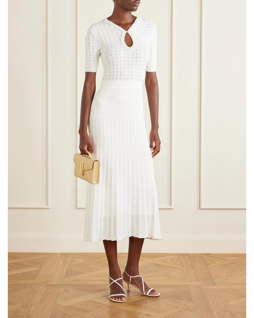 Rebecca Vallance White Embellished Crochet-Knit Midi Dress