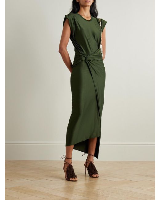 Rabanne Green Asymmetric Embellished Draped Satin-Jersey Dress