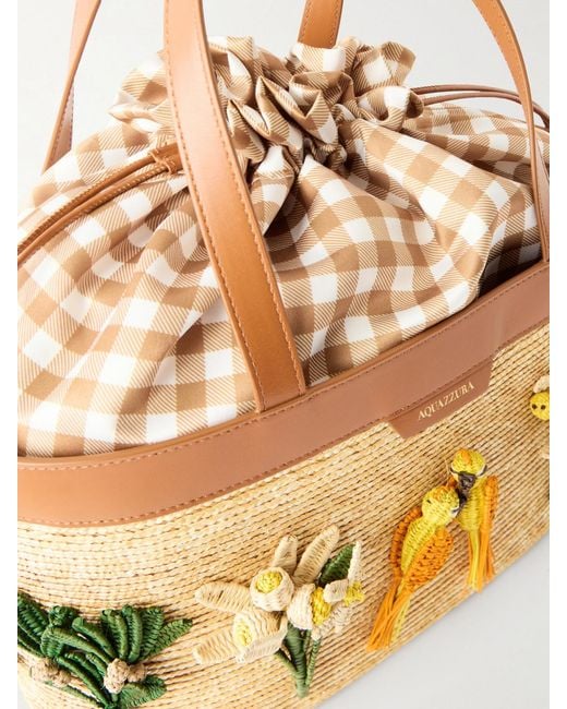 Aquazzura Natural Birdsong Appliquéd Leather-Trimmed Raffia Tote
