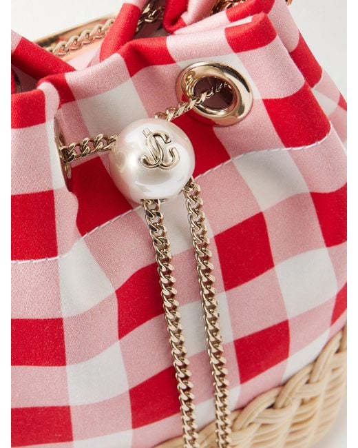 Jimmy Choo Red Bon Bon Embellished Woven Raffia Checked Woven Bucket Bag