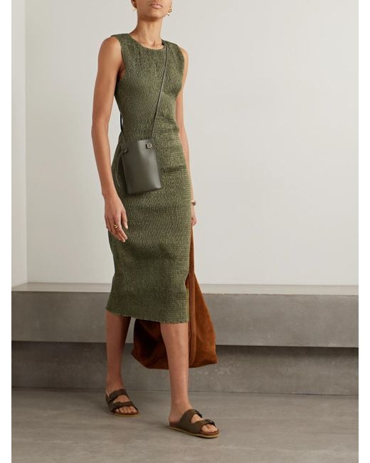 La Ligne Green Shirred Cotton-Twill Midi Dress