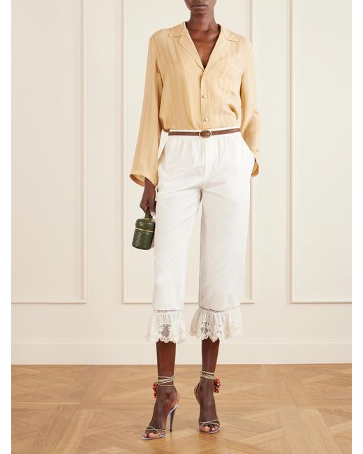 Saint Laurent White Cropped Ruffled Lace-Trimmed Cotton-Poplin Straight-Leg Pants