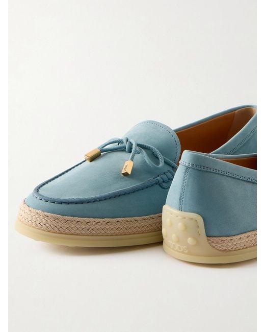 Tod's Blue Gomma Raffia-Trimmed Bow-Detailed Suede Loafers