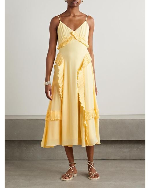 Sea Yellow Delilah Midikleid Aus Crêpe De Chine Mit Plissierten Volants