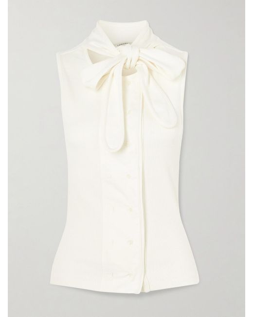 Lemaire Natural Tie-Neck Ribbed Stretch-Cotton And Linen-Blend Jersey Top