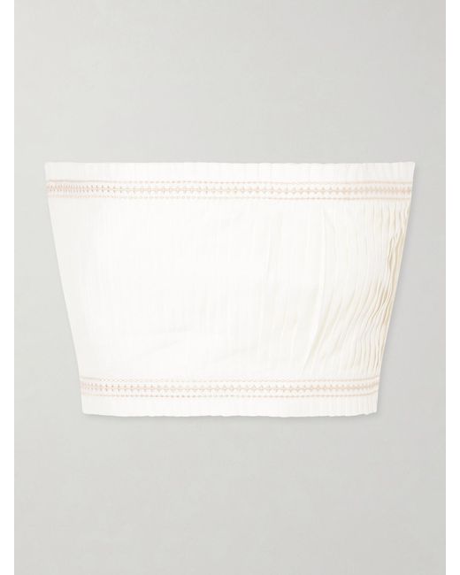 Emporio Sirenuse White Flavia Strapless Cropped Embroidered Pleated Cotton-Blend Top