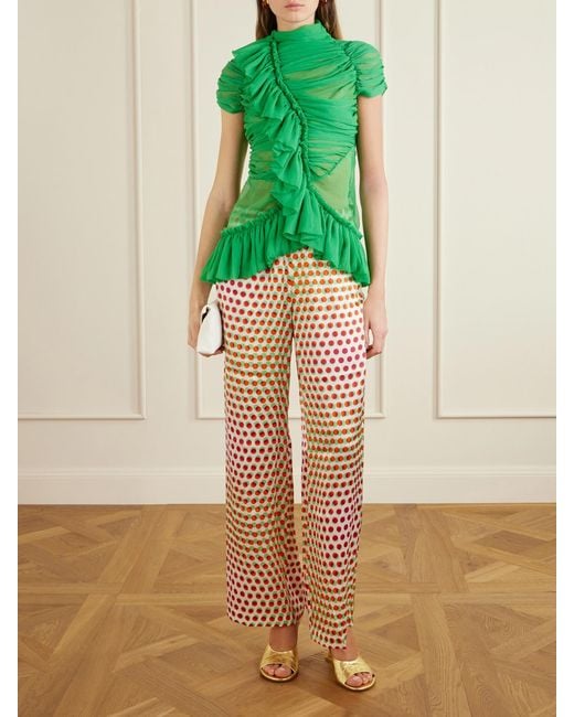 Dries Van Noten Green Ruffled Silk-Chiffon Blouse