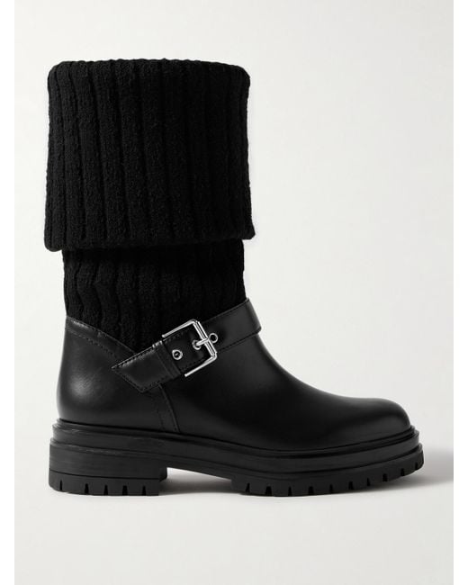 Gianvito Rossi Black Thurso Stiefel Aus Leder Und Rippstrick Mit Schnalle