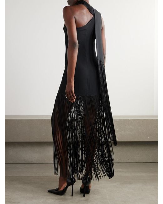 ‎Taller Marmo Black Atlanta Asymmetric One-Shoulder Fringed Crepe Gown