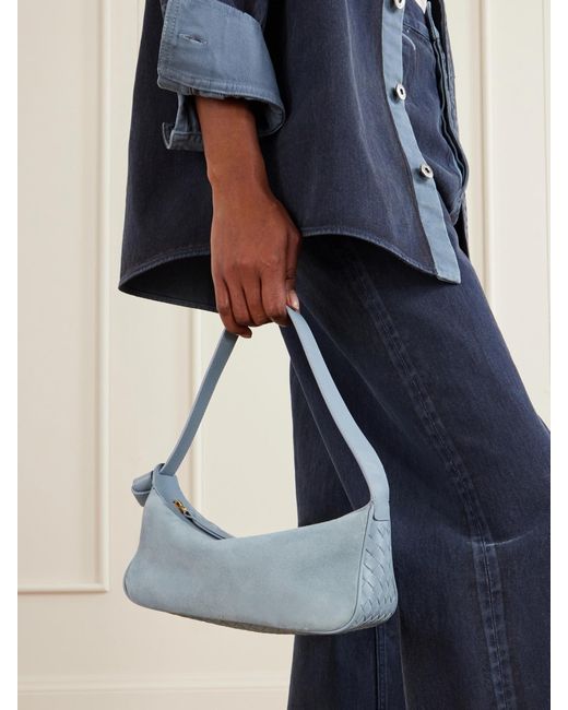 Bottega Veneta Blue Nodo Intrecciato Leather-Trimmed Suede Shoulder Bag