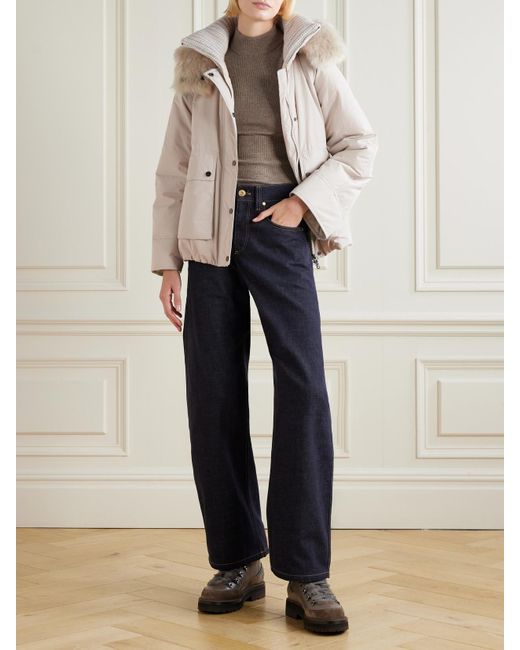 Brunello Cucinelli Natural Hooded Ribbed-Knit And Shearling-Trimmed Bead-Embellished Padded Shell Down Jacket