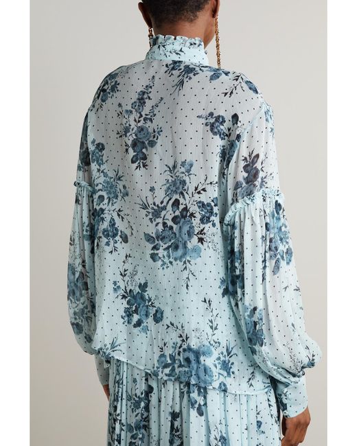 Erdem Blue Ruffled Printed Crepon Blouse