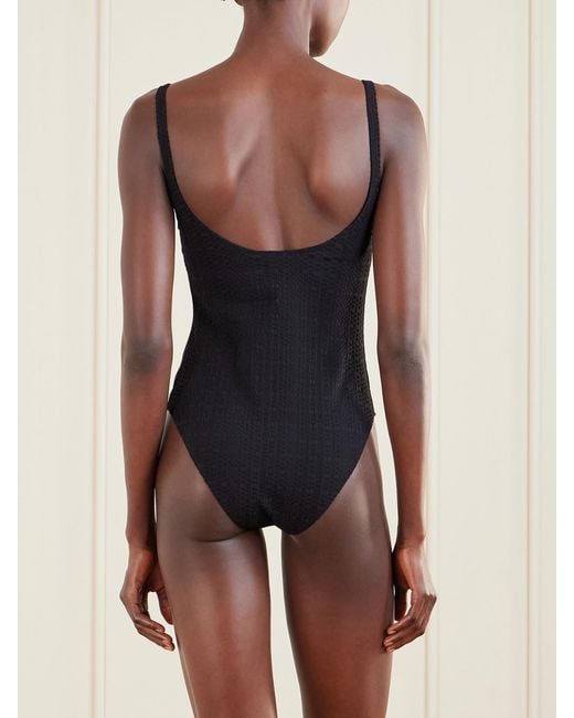 Lisa Marie Fernandez Black Marilyn Stretch-Seersucker Swimsuit