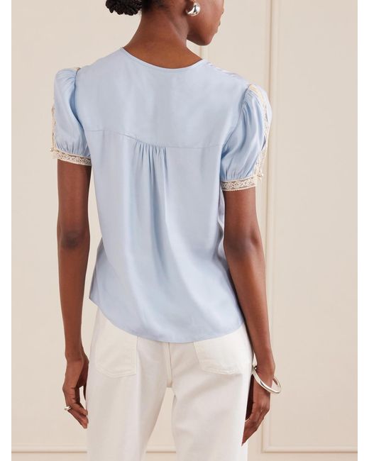 Self-Portrait Blue Ruffled Lace-Trimmed Satin Blouse