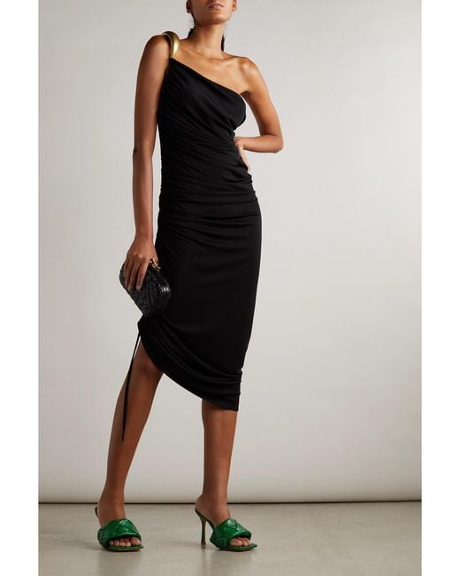 Bottega Veneta Black One-Shoulder Asymmetric Embellished Satin-Jersey Midi Dress