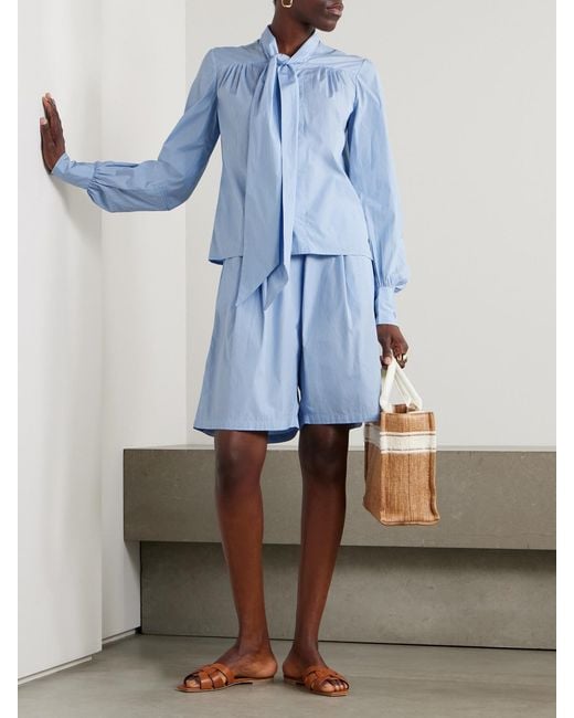 Thierry Colson Blue Striped Pleated Cotton-Poplin Shorts
