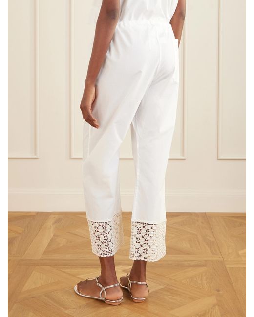 Calle Del Mar White Heriloom Lace-Trimmed Cotton-Poplin Wide-Leg Pants