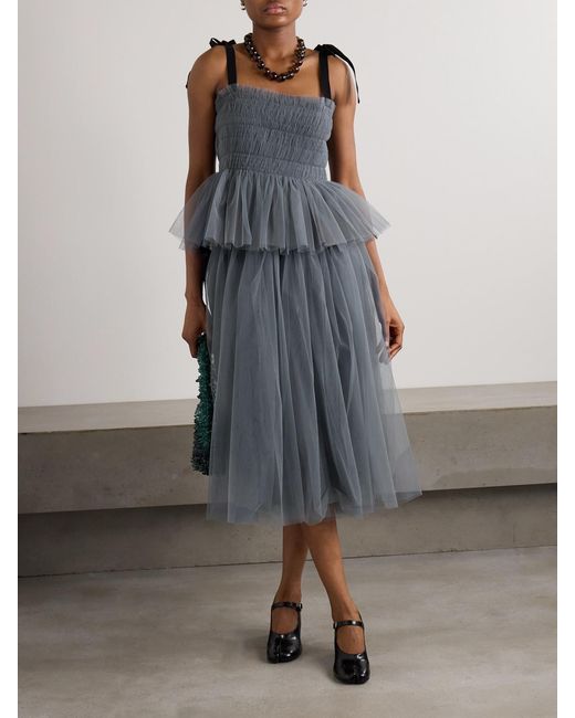 Molly Goddard Blue Lydia Shirred Grosgrain-Trimmed Tulle Top
