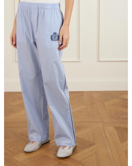 Sporty & Rich Blue Embroidered Striped Cotton-Poplin Pajama Pants