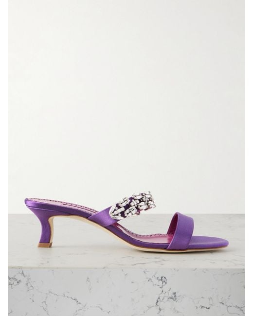 Manolo Blahnik Purple Sakotam 50 Mules Aus Satin Mit Kristallen