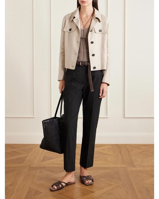 Brunello Cucinelli Black Leather-Trimmed Woven Tote
