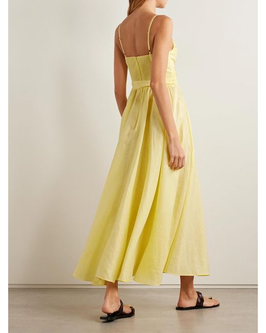 Zimmermann Awaken Gathered Linen Midi Dress in Yellow | Lyst