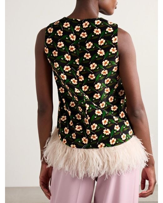 LaDoubleJ Black La Scala Asymmetric Feather-Trimmed Floral-Print Cotton-Velvet Top