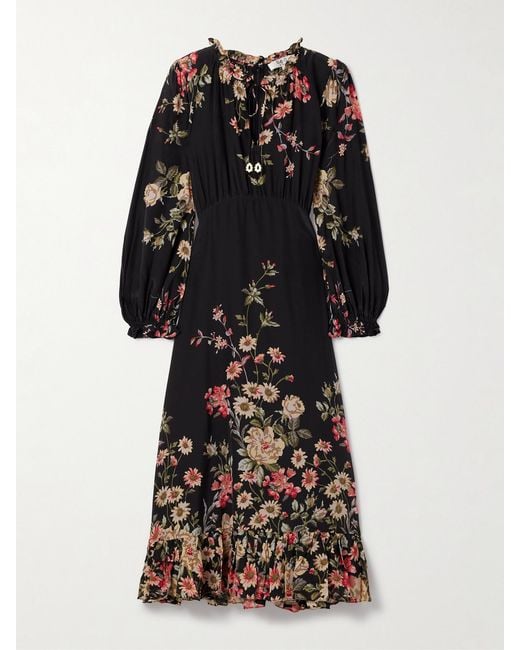 Sea Black Jolie Ruffled Floral-Print Crepe De Chine Midi Dress
