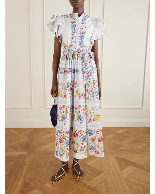 Mary Katrantzou White Belted Floral-Print Cotton-Blend Midi Dress
