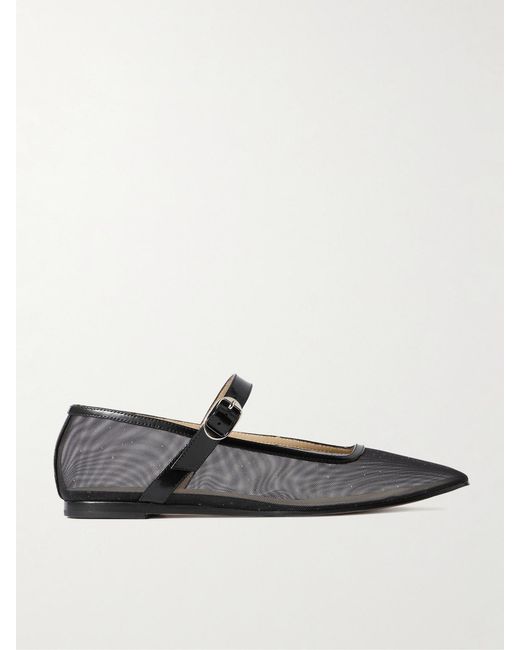 Le Monde Beryl White Patent Leather-Trimmed Glittered Mesh Mary Jane Ballet Flats