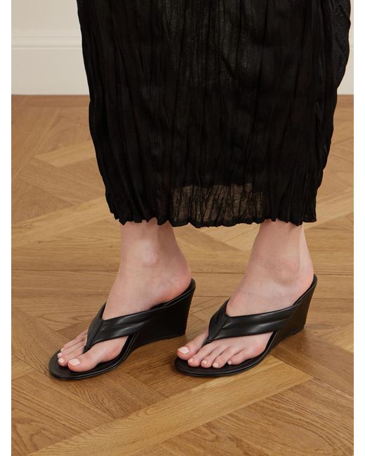 St. Agni Black Leather Wedge Thong Sandals