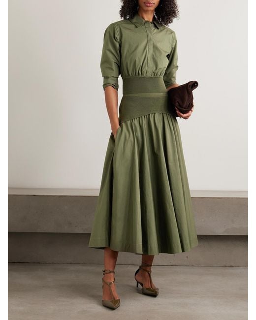 Jonathan Simkhai Green Stiles Cropped Gathered Ribbed-Knit Trimmed Cotton-Poplin Shirt