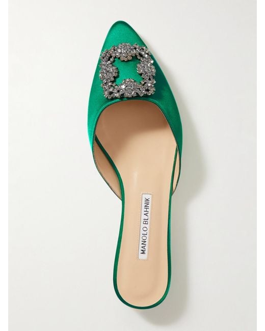Manolo Blahnik Green Hangisi Crystal-Embellished Satin Slippers