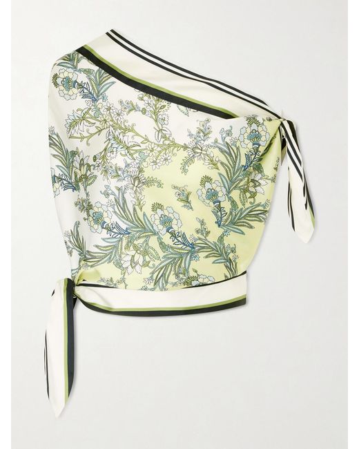 Veronica Beard Metallic Tari One-Shoulder Printed Twill Blouse