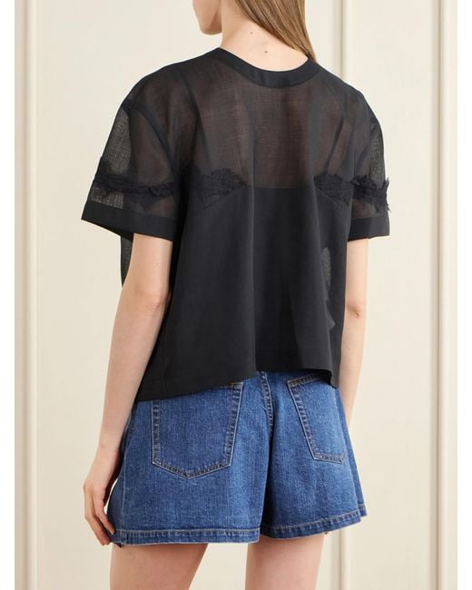 Sacai Black Lace-Trimmed Organza T-Shirt