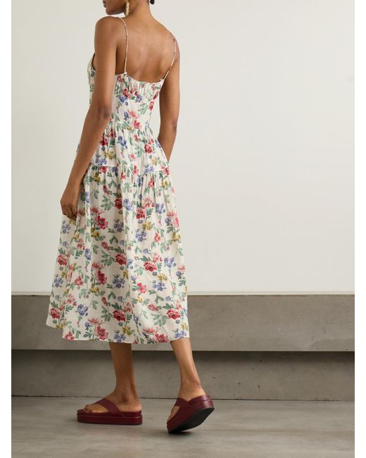 Doen White Benoit Gathered Tiered Floral-Print Ramie Midi Dress