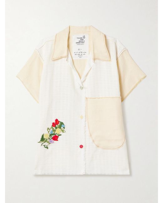 Thank You Have A Good Day Natural Appliquéd Frayed Two-Tone Linen Shirt