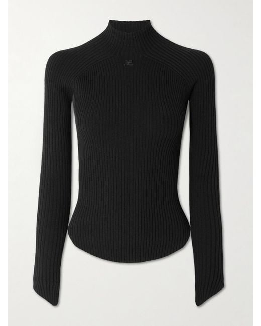 Courreges Black Stehkragenoberteil Aus Rippstrick Mit Logostickerei