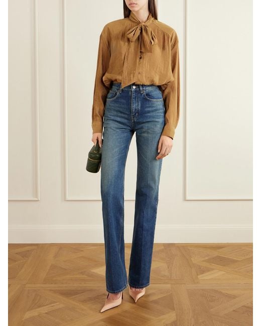 Saint Laurent Brown Pussy-Bow Crinkled Taffeta Shirt