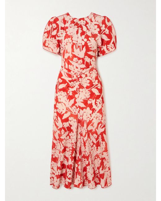 Victoria Beckham Gathered Floral-Print Crepe Midi Dress | Lyst