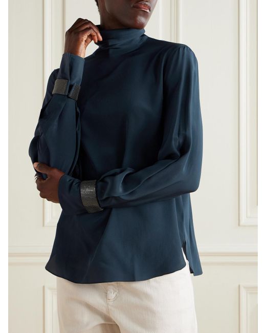 Brunello Cucinelli Blue Bead-Embellished Silk Crepe De Chine Turtleneck Blouse