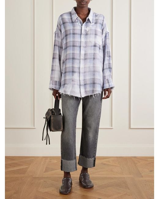 R13 White Distressed Checked Crinkled-Cotton Gauze Shirt