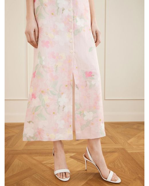 BERNADETTE Pink Carmen Floral-Printed Linen Midi Skirt